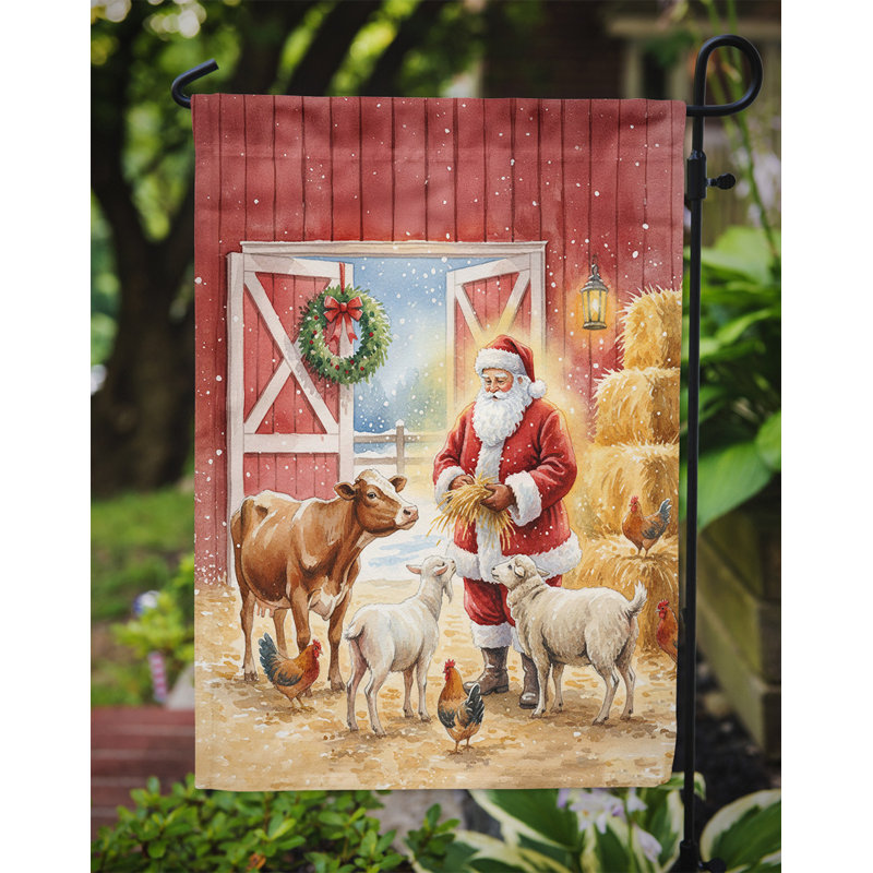 Père Noël dans la grange avec animaux, drapeau de jardin de Noël, Taille du jardin, Père Noël dans la grange avec des animaux