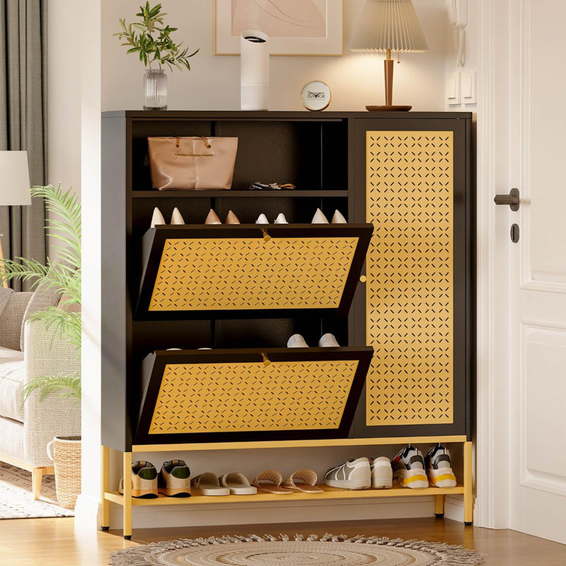 Armoire de rangement pour chaussures avec 2 tiroirs rabattables, Noir, noir, noir, noir