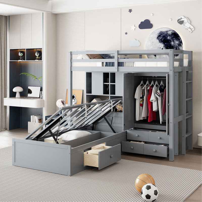 Jenette Bunk Bed With Drawers, Wardrobe, Storage Shelves And Hydraulic Bed, Grey