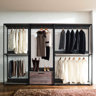Garde-robe en bois massif, gris rustique, métal, rangement profond, bois gris résistant aux taches, thermolaqué, fabrication fiable