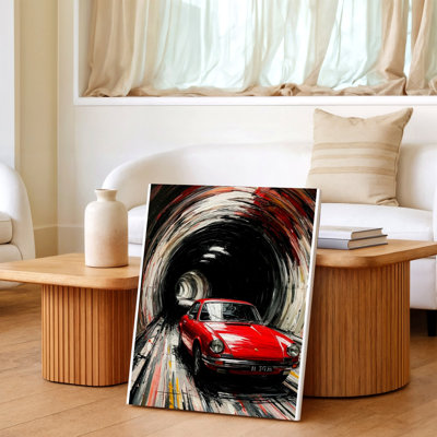 «Red», blanc, phare, canot, couple, jaune, coucher de soleil texturé, art mural, abstrait rétro, décoration, décor de salon, de chambre à coucher et de bureau, œuvre d'art