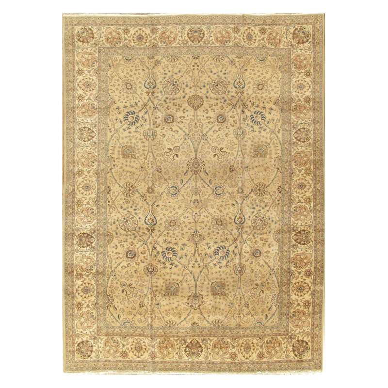 Tapis unique en laine pêche / beige noué à la main 9 pi 6 po x 13 pi 5 po style années 1910 Tabriz