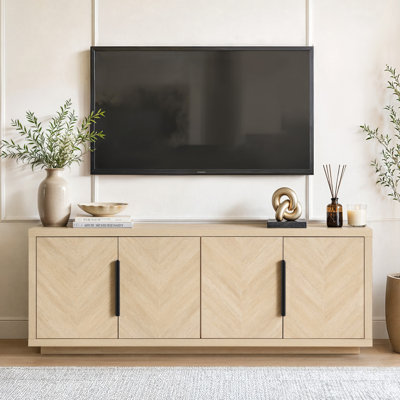 Landon 72" Floor Mounted Mid-Century Modern TV Stand With Extra Thick Board 4 Soft-Close Storage Cabinets Media Console For TVs up to 80", Herringbone Wood Modern Entertainment Center for Living Room Bedroom Hallway