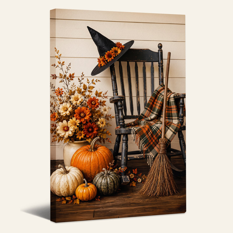 «Black Witch Hat and Pumpkins on Rustic Rocking Halloween», art mural sur toile, H 48 po x l 32 po