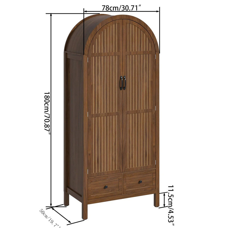 Armoire Wardrobe Closet with 2 Arched Fluted Doors, Wardrobe Cabinet with 2 Drawers, Wardrobe Armoire with Shelves and Hanging Rod for Bedroom