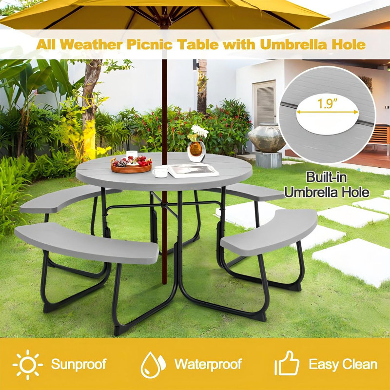HDPE Picnic Table Bench Set With Umbrella Hole For 6-8, Grey