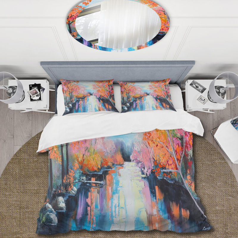 Ensemble de housse de couette Orange Autumn Forest By The River - Lake House - Microfibre polyester
