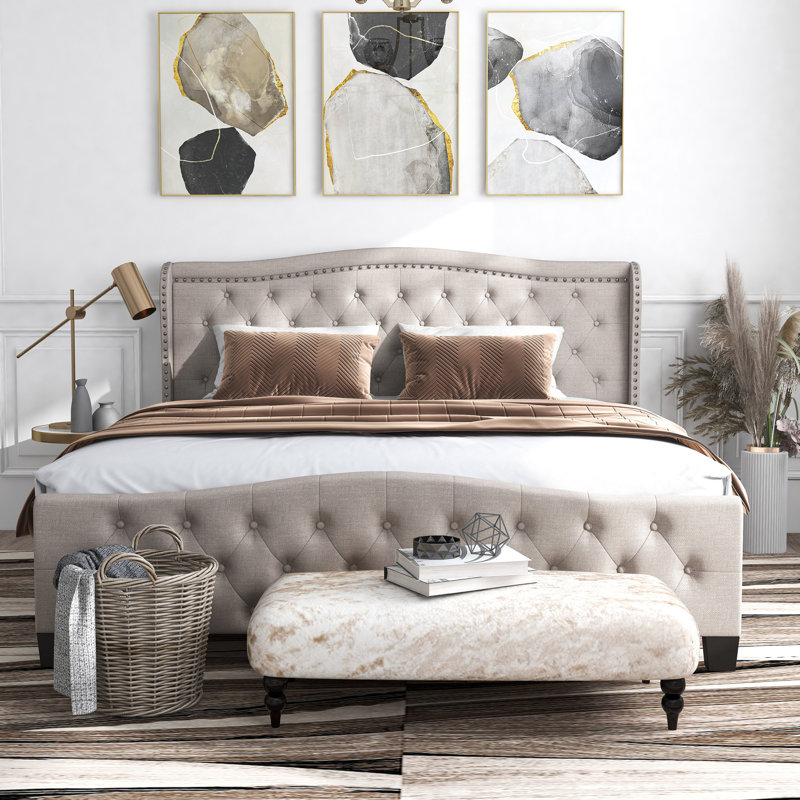 Danii Upholstered Wingback Bed, Full, Ivory