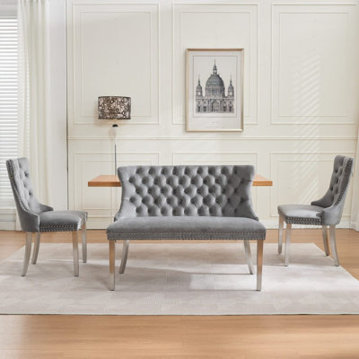 Banc en velours pour causeuse double pour la salle à manger, sièges de cuisine et de salle à manger, banc capitonné à 2 places avec boutons faits à la main, dossier à oreilles, pieds en acier plaqué or, style Mid-Century moderne, paquet simple, noir, SW1602BK