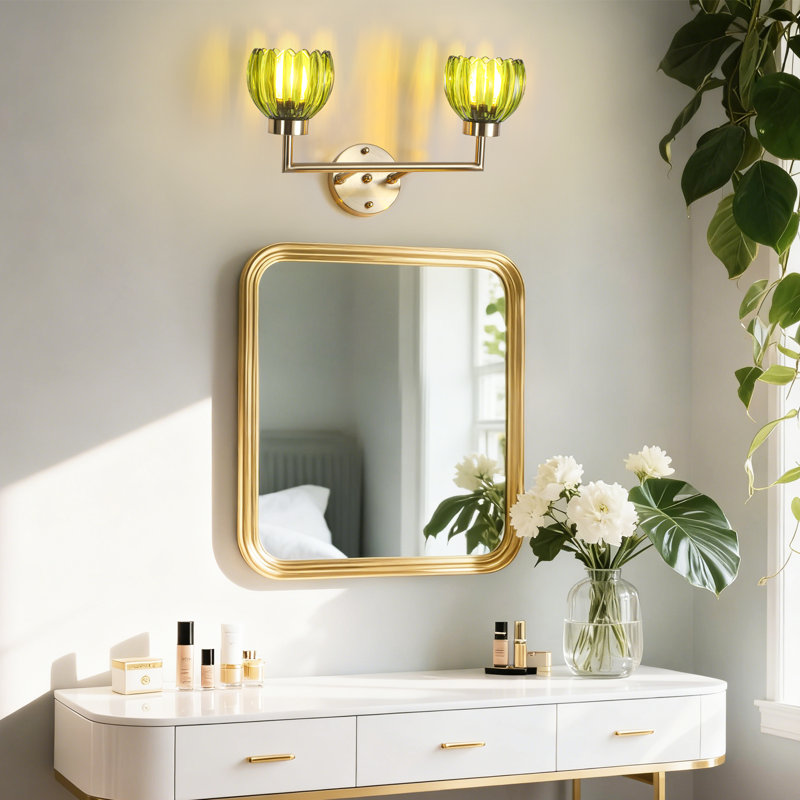 Glausen 3 - Light Black Wall Sconces Bathroom Vanity Lights With Tulip Green Glass Shade, Brass, 2