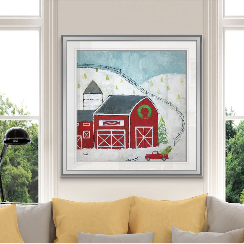 « christmas grange », peinture, H 16 po x l 16 po x P 1,5 po, Encadrement argenté