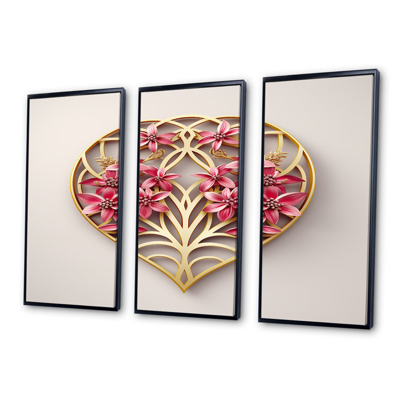 Fleurs de cerisier sur feuille d'or géométrique - ensemble de salon art mural cerisier en fleurs, Cadre flottant noir