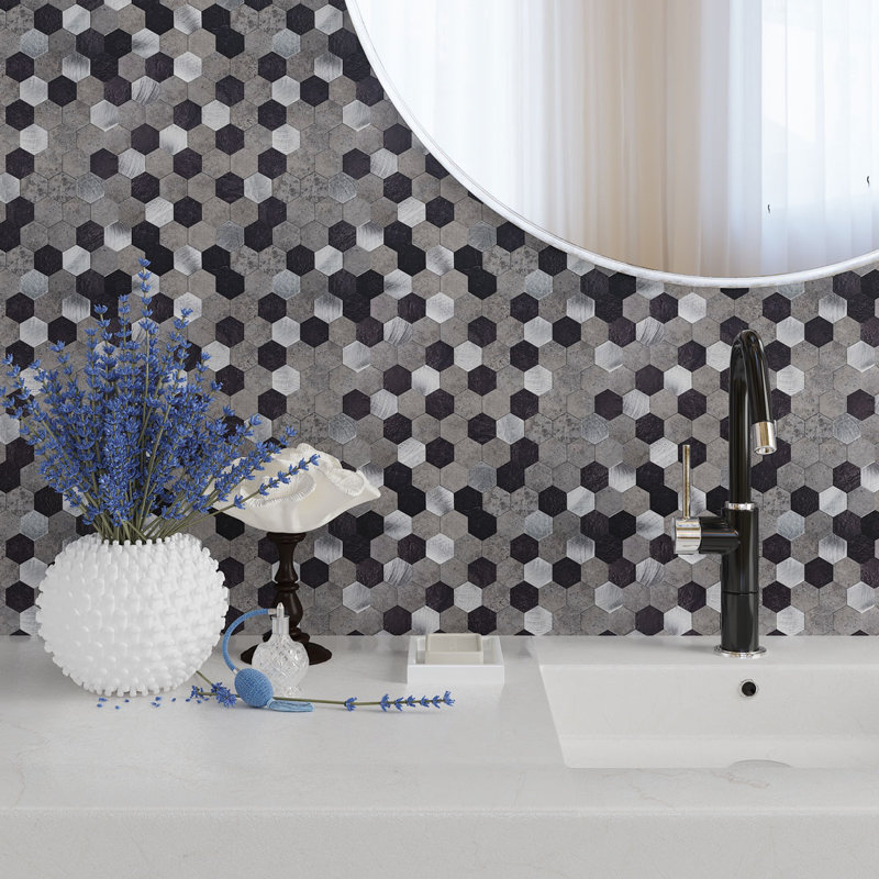 Carreau de mosaïque murale en métal 11,25 po x 11,25 po, Noir / gris