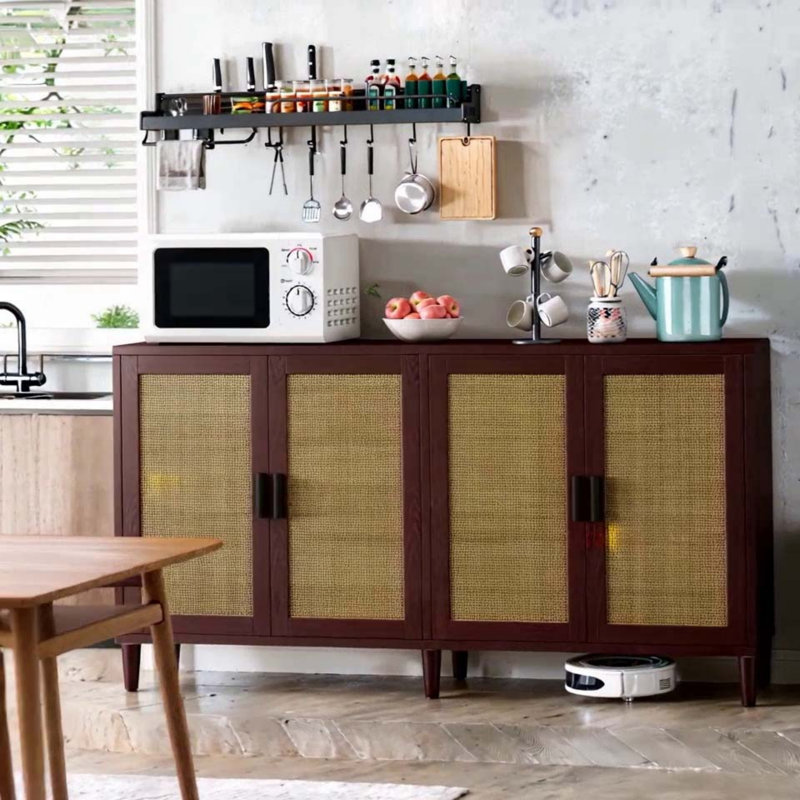 70" Rattan Buffet Cabinet With Storage, Black