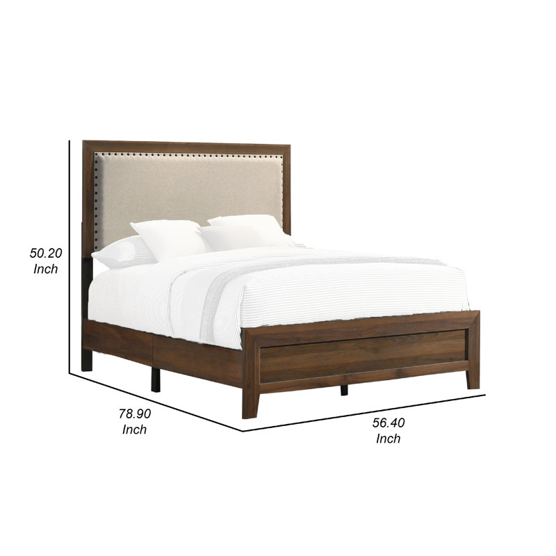 Shannon Panel Bed With Nailhead Trim, Fabric, Wood, Ivory/Cherry Brown, Full