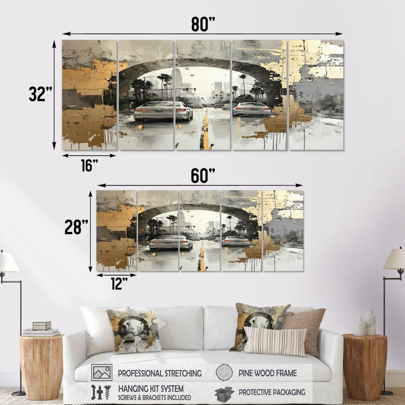Los Angeles dans des tons dorés et gris - Ensemble de décoration murale Los Angeles, H 32 po x l 80 po