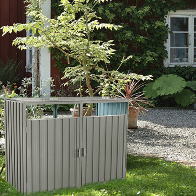 Outdoor Bin Shed For Garbage - Grey Metal 2 Trash Cans Galvanized Steel, , Rot-, Easy To Use 2 In Convenient And Maintenance