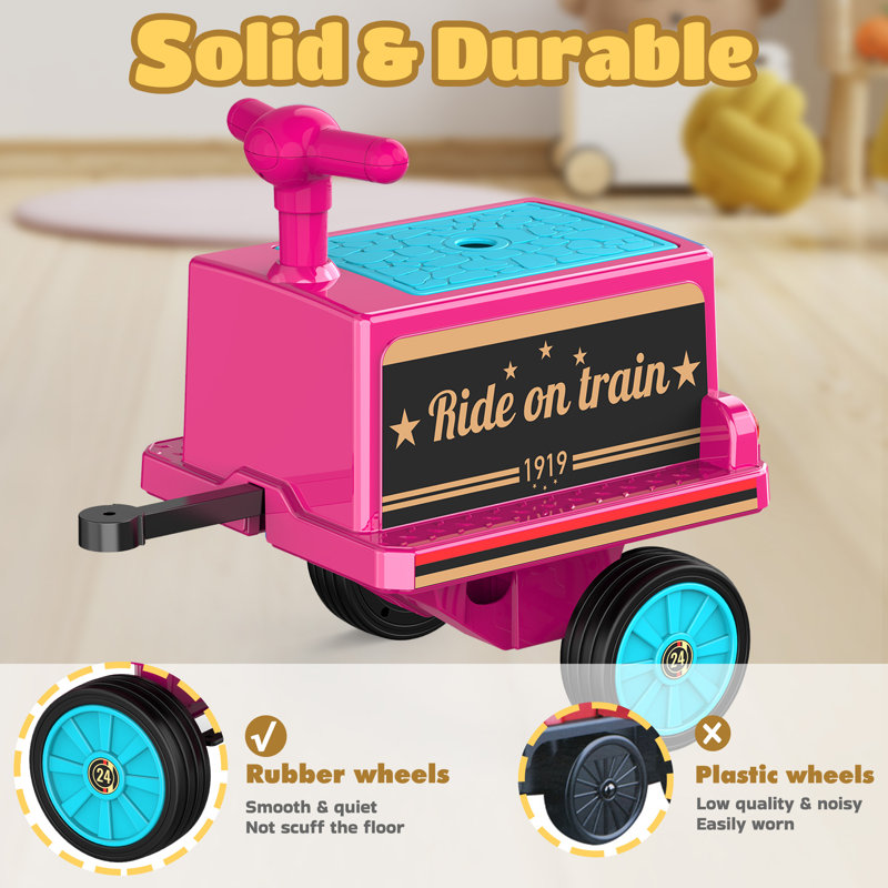 Chariot de train pour enfants avec boîte de rangement, guidon, 1 place à monter sur un train Anpabo 12v, Rose