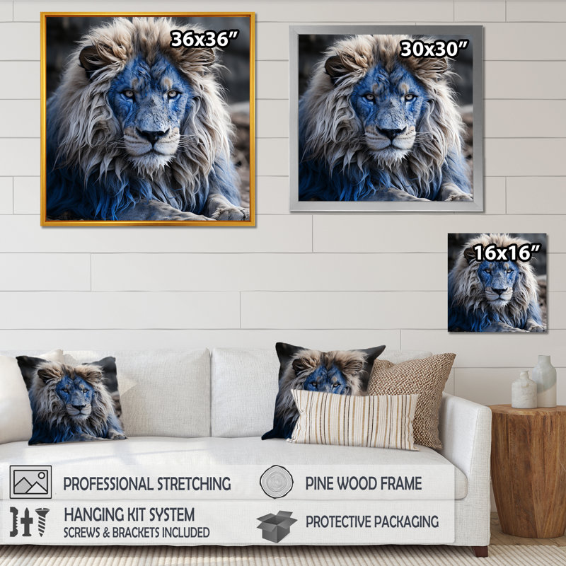 Décoration murale lion monarque énigmatique bleu, H 30 po x l 30 po x P 1,5 po, Toile tendue