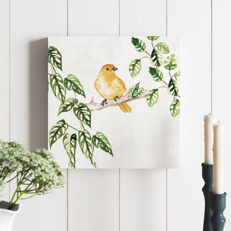Petit oiseau tropical sur une branche - reproduction sur toile, H 12 po x l 12 po
