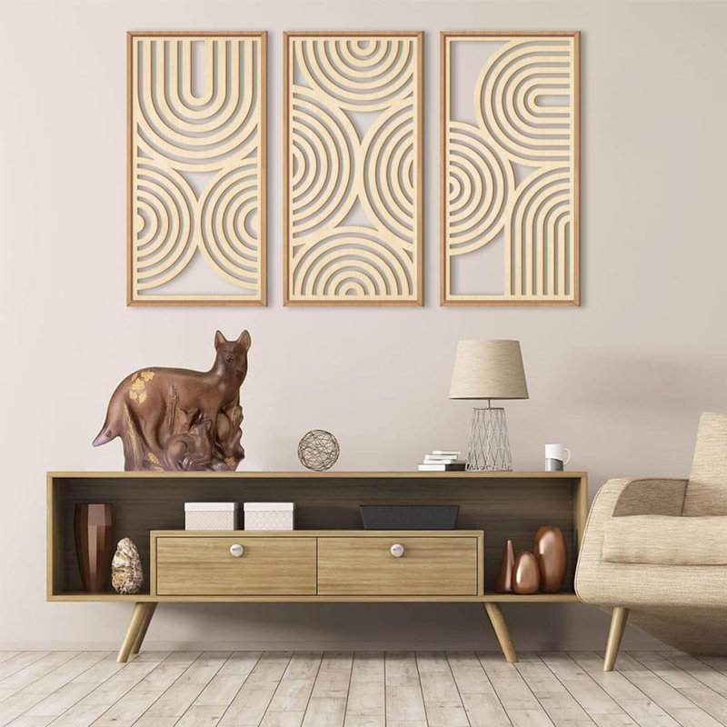 Ensemble d'art mural encadré en bois Mid-Century moderne de 3 cercles concentriques beiges de 16 x 32 po pour le salon, la chambre à coucher et le bureau