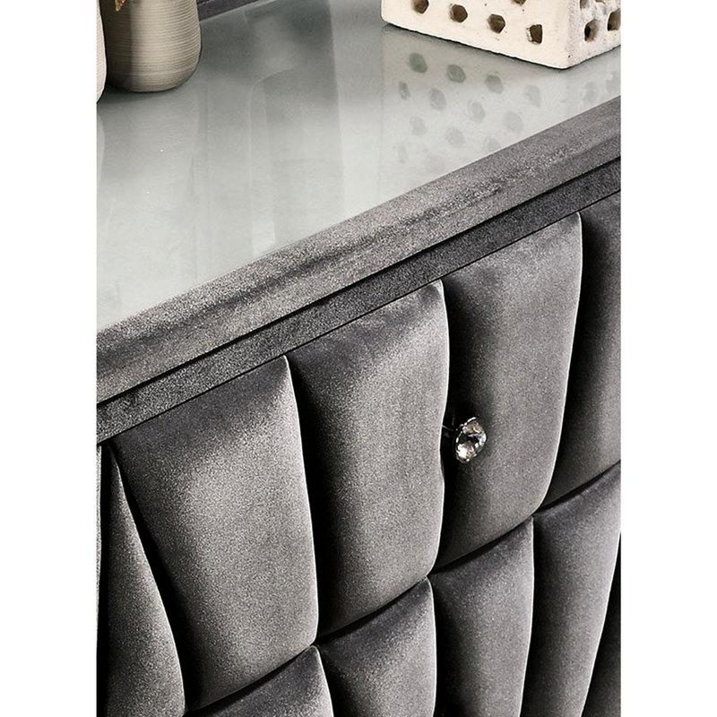 Table de chevet revêtue de tissu 2, de couleur grise, d'inspiration artistique, avec plateau en acrylique et pieds en verre pour la chambre à coucher