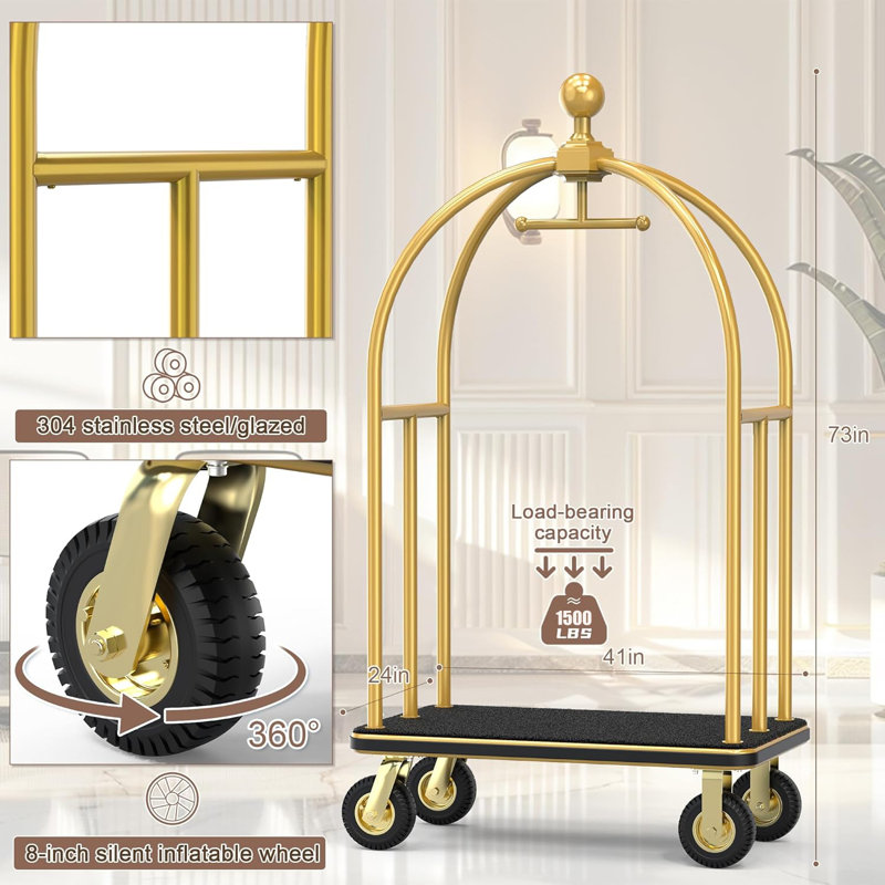 Chariot à bagages d'hôtel 1500 lb - Chariot Bellman en acier inoxydable brossé, Doré