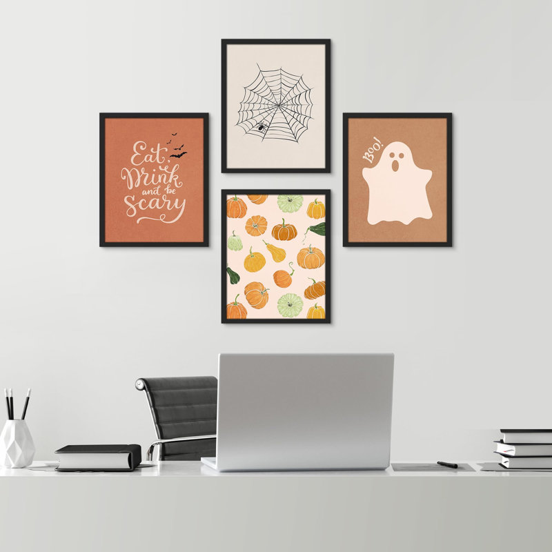 «Spooky Ghost Halloween Pumpkin Harvest Spiderweb», impression sur papier 4 pièces, Noir, H 14 po x l 11 po