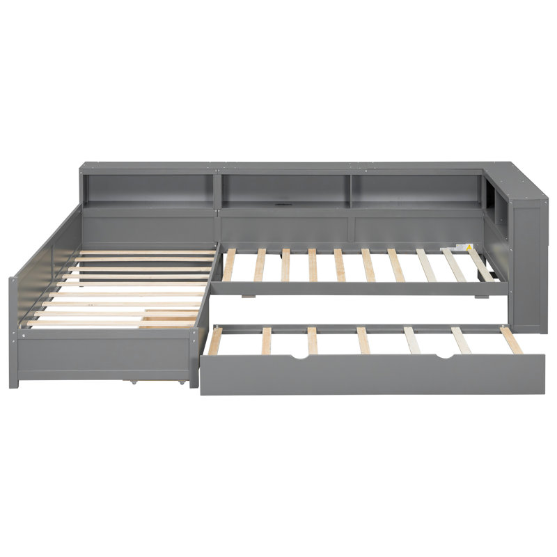 L-Shaped Daybed With Trundle, Drawer, And Usb, Gray