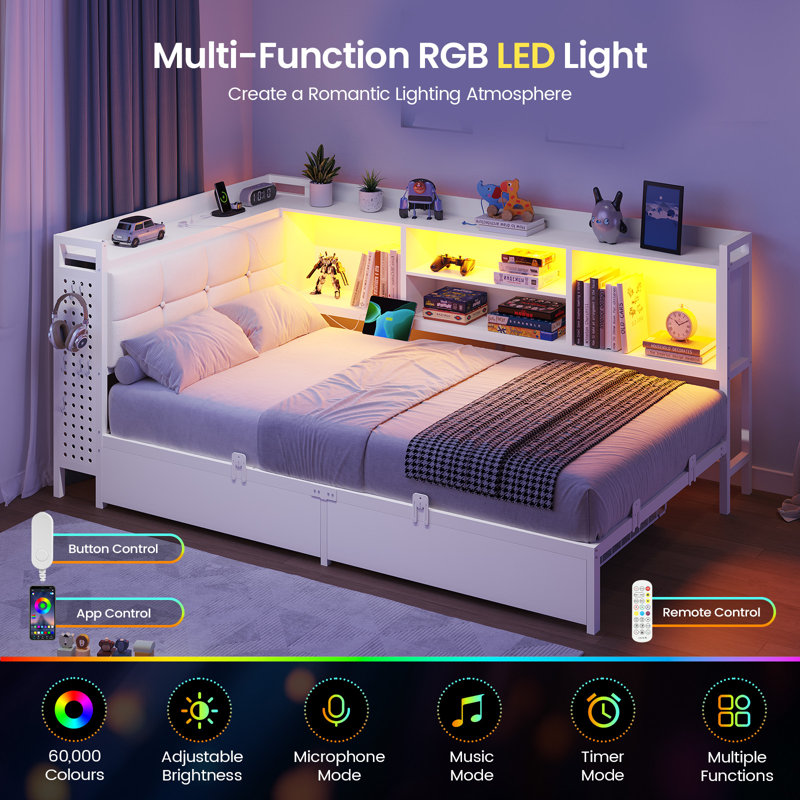 Single Bed Frame with Storage, 2 Drawers and Upholstered Headboard, 3ft Single Beds with Charging Station, LED Lights and Pegboard for Bedroom, Reversible Daybed/Corner Beds