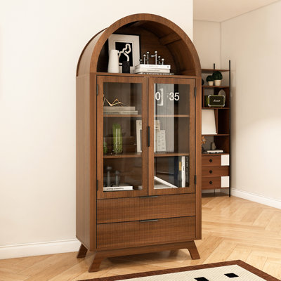 73" Tall Arched Storage Cabinet With Glass Doors & Louvered Drawers, Vintage Brown Display Cabinet With Metal Handles For Living Room Or Study by GlasFlength