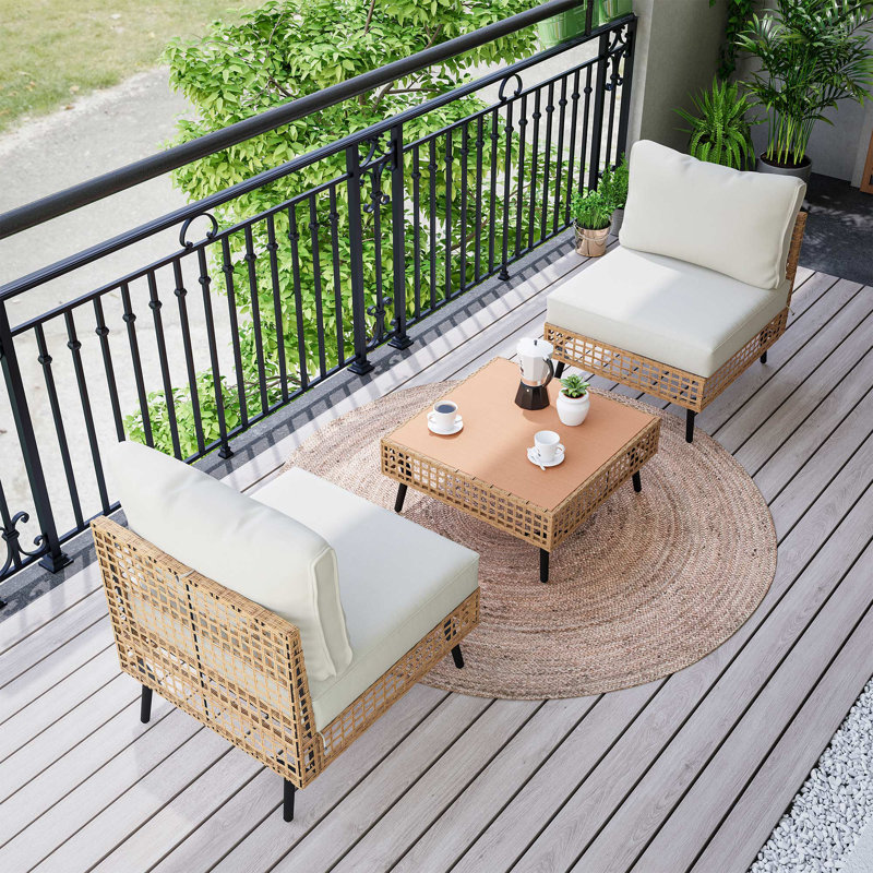 2-Person Outdoor Modular Armless Wicker Sofa Set with Coffee Table, Beige