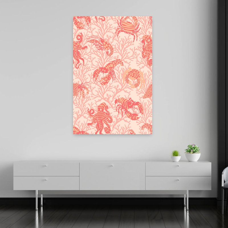 Rose, corail, vie marine, crabe, homard, pieuvre, océan côtier, art mural, H 60 po x l 40 po