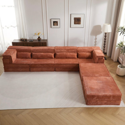 Compression Mahjong Sofa,Convertible Floor Sofa Bed,DIY Boneless Modular Sectional Sofa,No Assembly Required,Circle Fleece Fabric,Oversized 4 Seater With 2 Ottoman,Orange