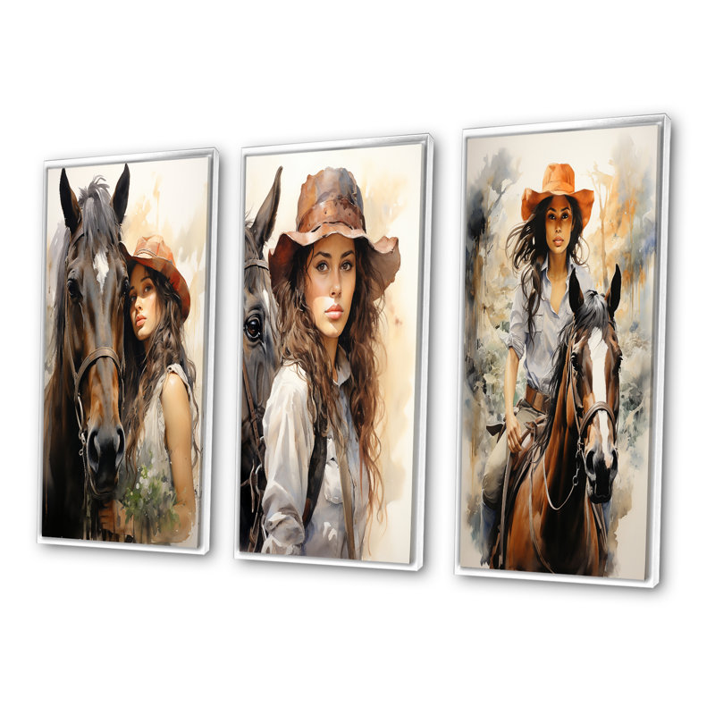 «Cowgirl And Horse Bond», 3 pièces, Cadre blanc, H 20 po x l 36 po