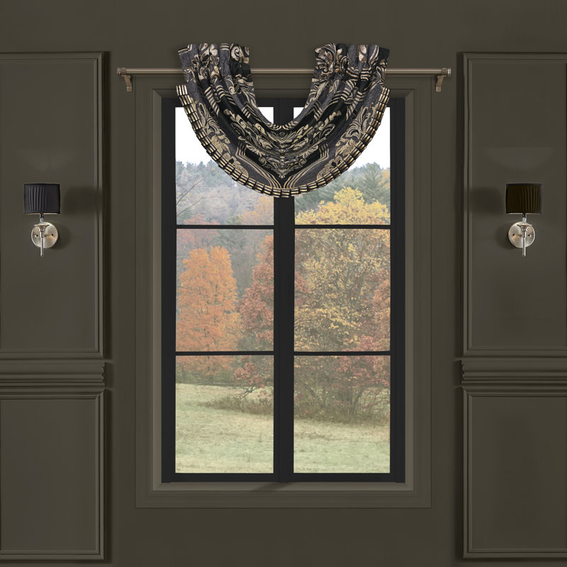 Gray Damask Waterfall Valance with Satin Trim
