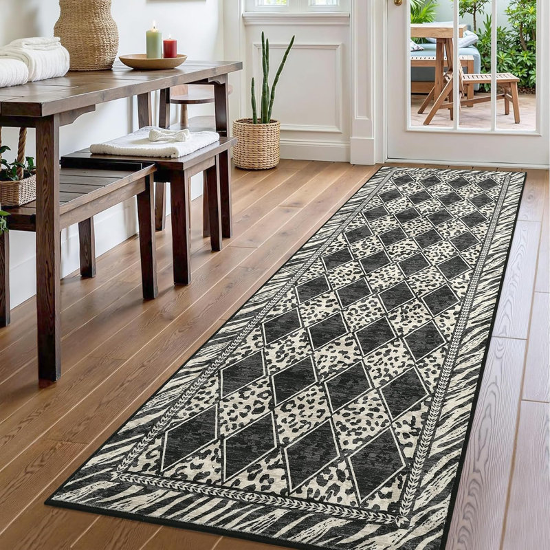 9'x12' Checkered Hallway Runner Rug – Soft Low Pile, Non-Slip, Beige & Black Leopard Print for Kitchen, Bedroom, Entryway