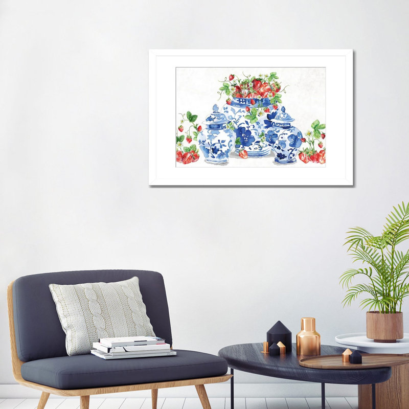 Ginger Jars And Strawberries - Reproduction d'art murale - Papier d'art encadré, 32" x 24", Framed Paper, White