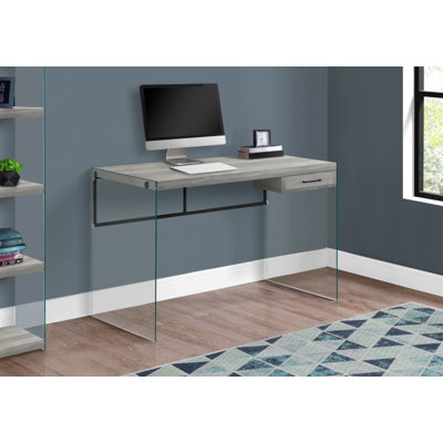 Bureau d'ordinateur, bureau personnel, ordinateur portable, tiroirs de rangement, L 48 po, bureau, stratifié gris, verre trempé transparent, contemporain, moderne