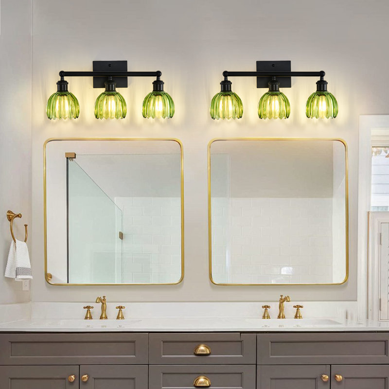 3-Light Black Vanity Light, Suitable For Bathroom, With Ribbed Green Tulip Glass Shades,Bathroom Light Fixture, Black/Green