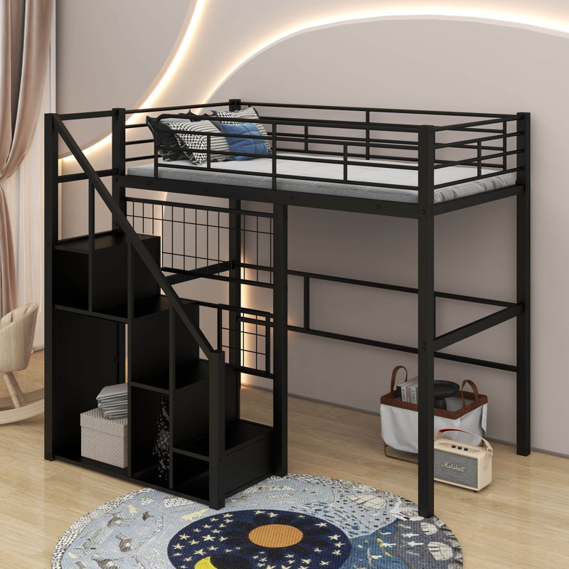 Lit mezzanine simple en métal avec escalier de rangement et petite armoire, Noir