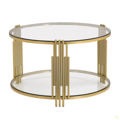 Modern Glass Coffee Table In 31.5", Asymmetrical Metal, Circular Metal Drum Base,  Finish & Lower Shelf