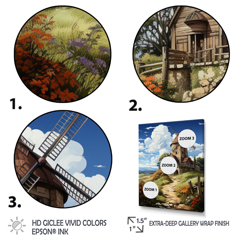 Countryside The Old Windmill II, reproduction d'art sur toile, Cadre noir, H 32 po x l 24 po x P 1 po