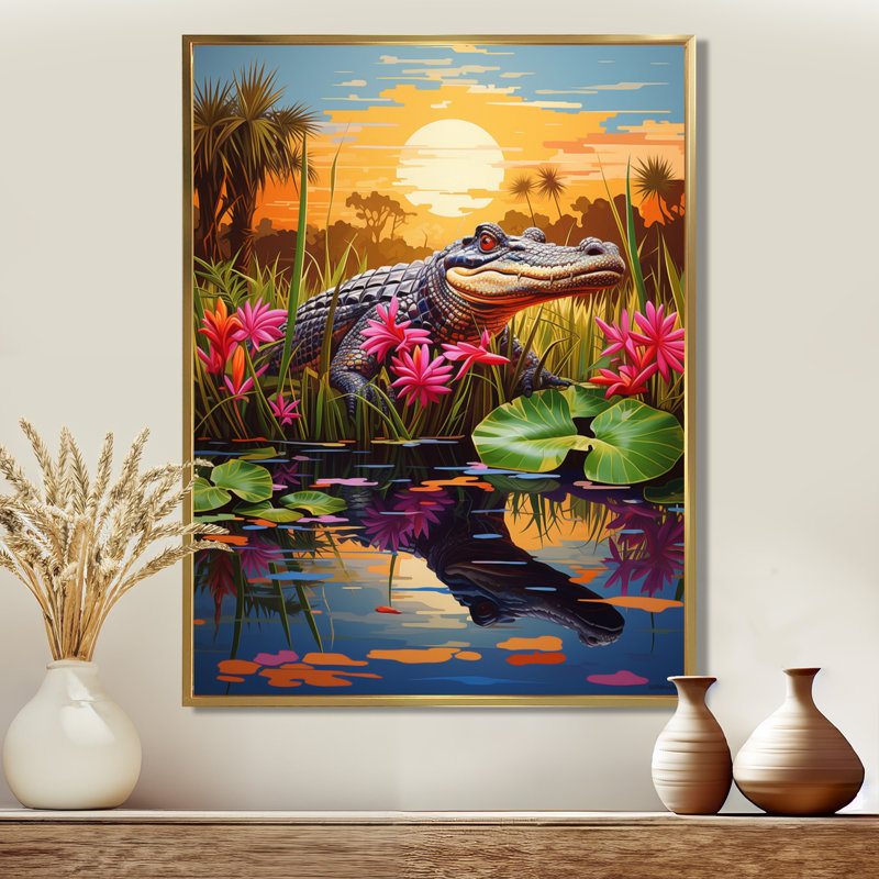 Crocodile coloré dans un marais africain - salon d'art mural animal crocodile, Cadre flottant doré