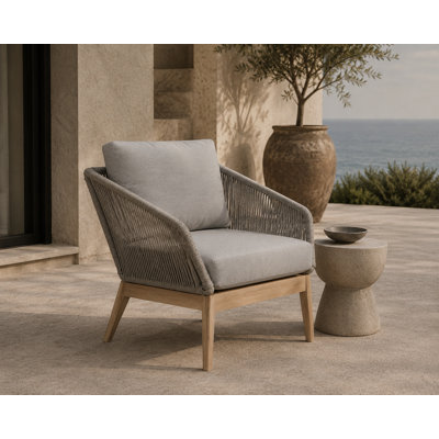 Chaise longue en bois d'acacia Bowery avec coussin et corde tissée grise
