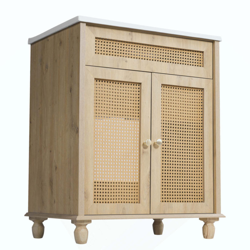 Meuble-lavabo avec portes en rotin tissé à la main, pieds en bois massif et lavabo en résine pour une élégance moderne et naturelle
