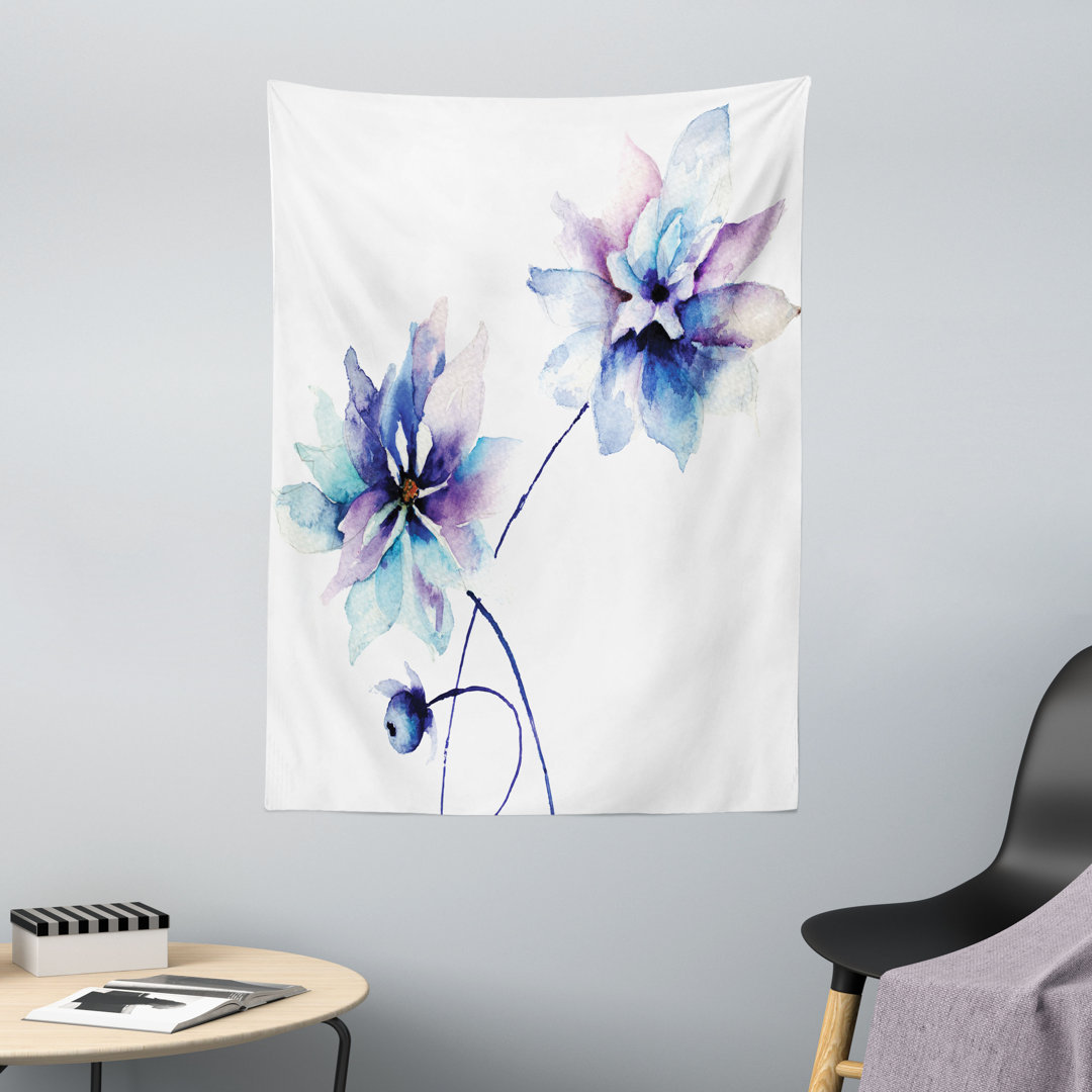 Wandteppich, Retro Blumen Aquarell, WeiÃŸ Lila Blau