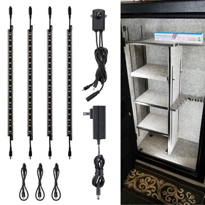 4 Pack 12" LED Safe Lighting Kit, Linkable Plug-in Gun Safe Light Bars, Motion Sensor, 600lm, UL Power Adapter, Input 100-240V, 5000K Daylight