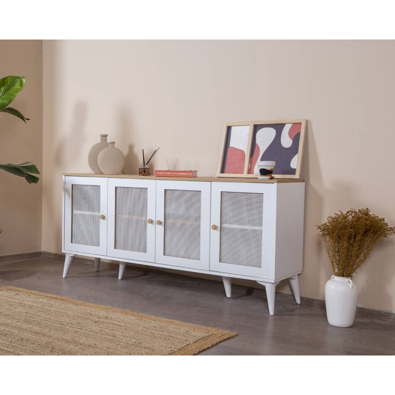 Console moderne avec portes à fermeture douce, finition blanche et chêne, 70,9 x 31,5 x 16,1 pouces | 100% panneau de fibres à densité moyenne avec pieds en bois de charme | Conception murale, plusieurs tablettes pour un rangement et une présentation élégants