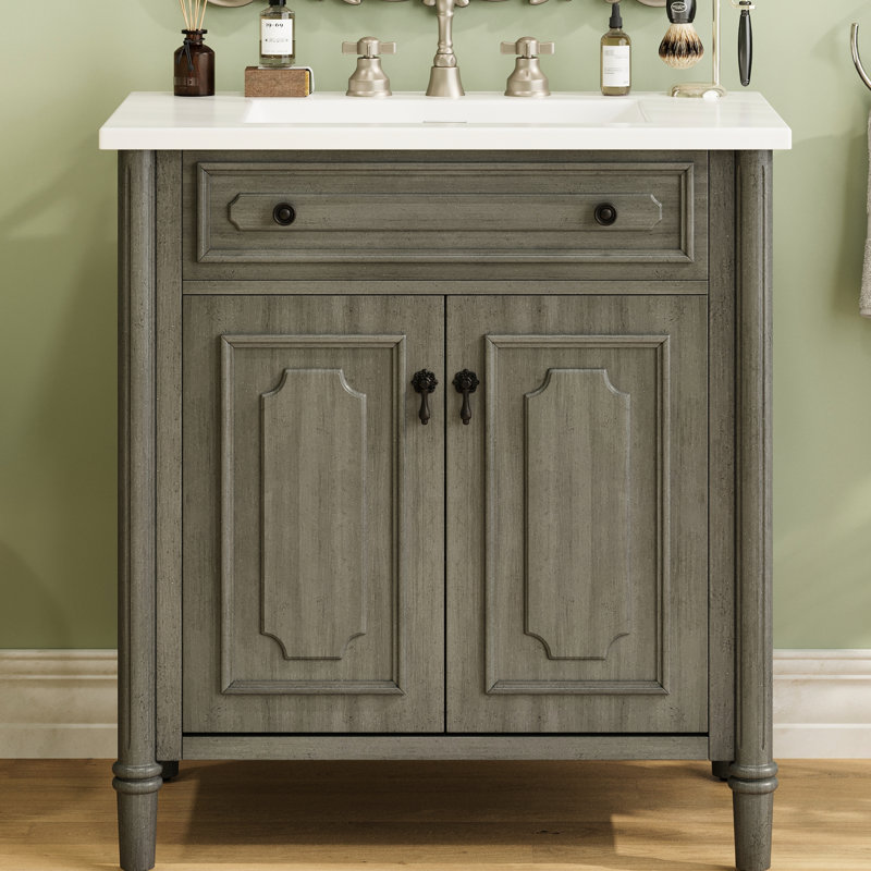 Meuble-lavabo rétro de 31 pouces avec lavabo rectangulaire, tablettes réglables et pieds cylindriques rainurés gris antique, rangement spacieux, entretien facile, bois massif